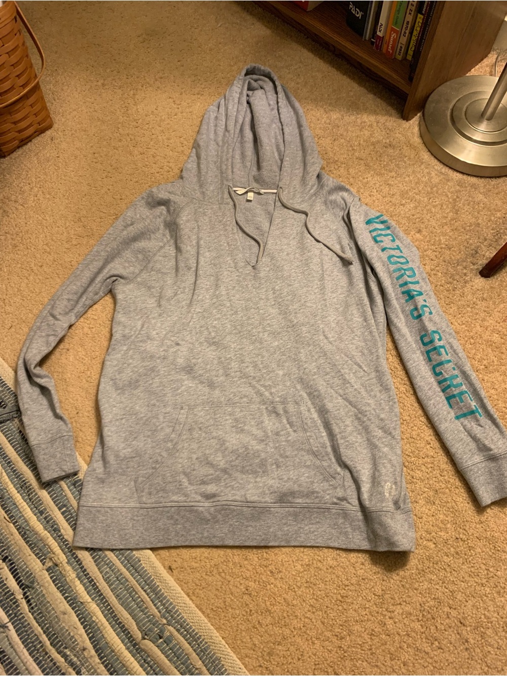 Victoria's Secret Light Gray Hooded Sweater with Teal Sleeve Logo